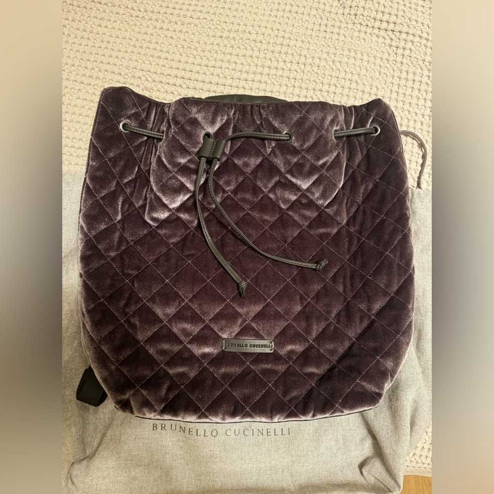 Brunello Cucinelli Purple Velvet Grey Leather Backpack - Picture 2 of 7